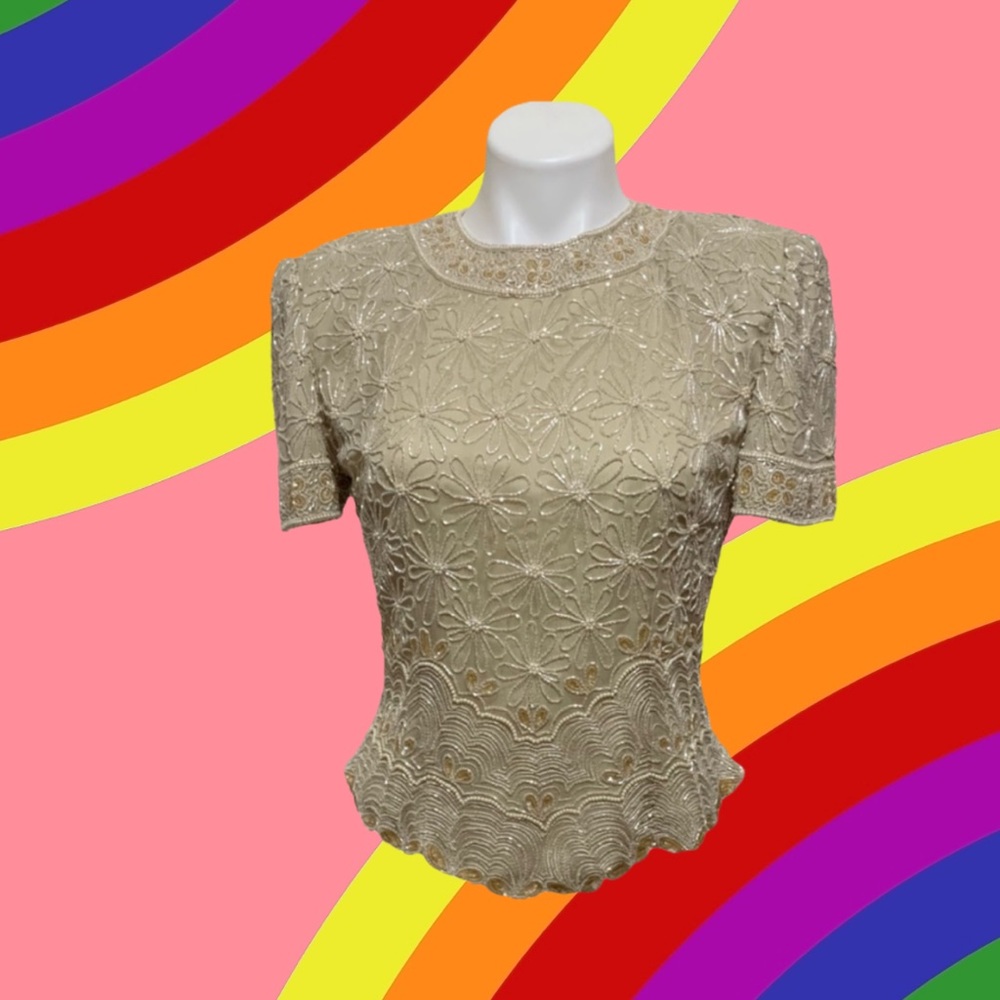 Adrianna Papell Occasions Cream Beaded Top Blouse
